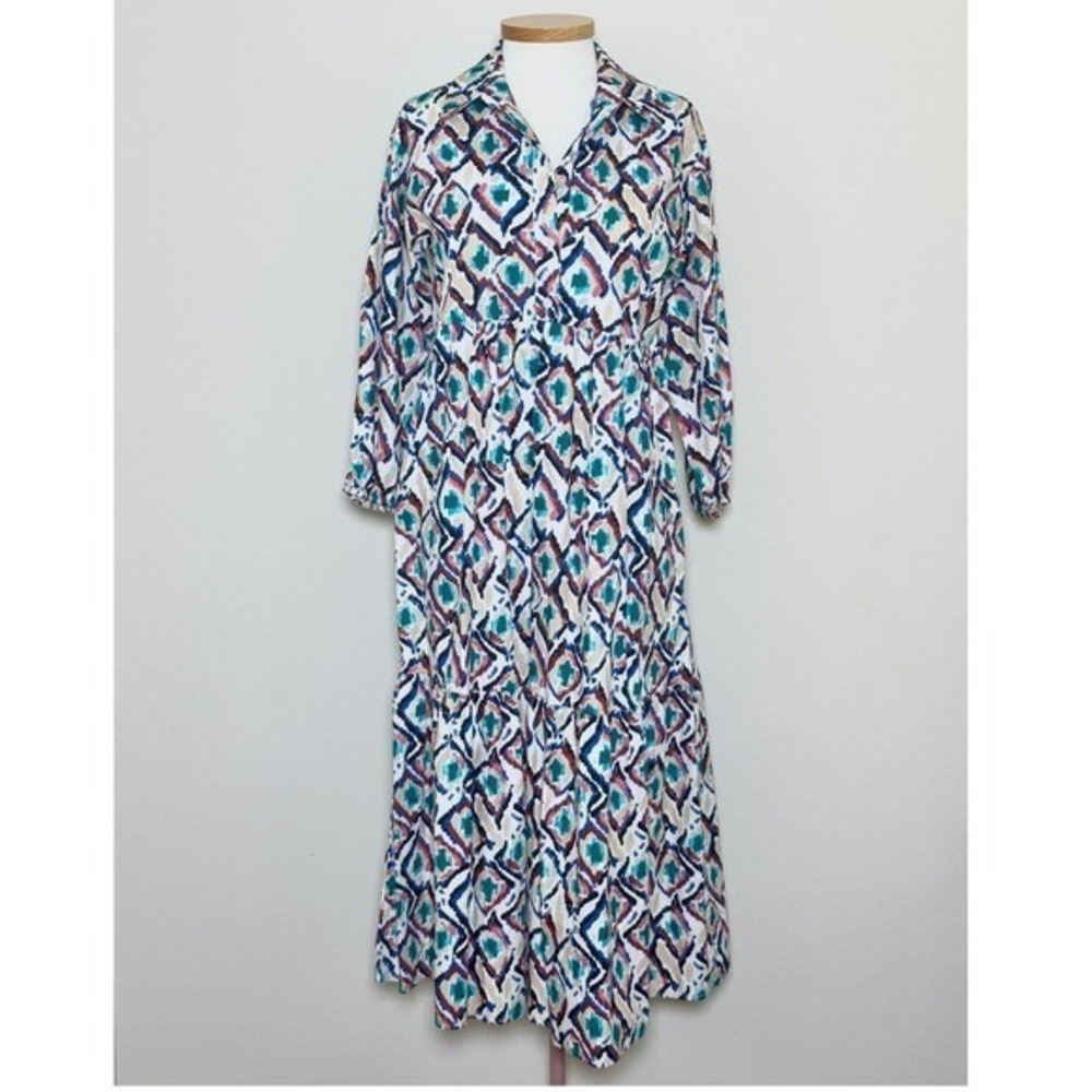 Anthropologie Maeve Bettina‎ Tiered Midi Shirtdress Cotton XS  Ikat Geometric